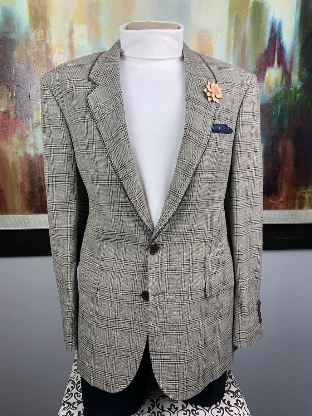 Etro Blazer 42R 52IT Beige Plaid Paisley Linen Wool Italy Sport Coat Luxury